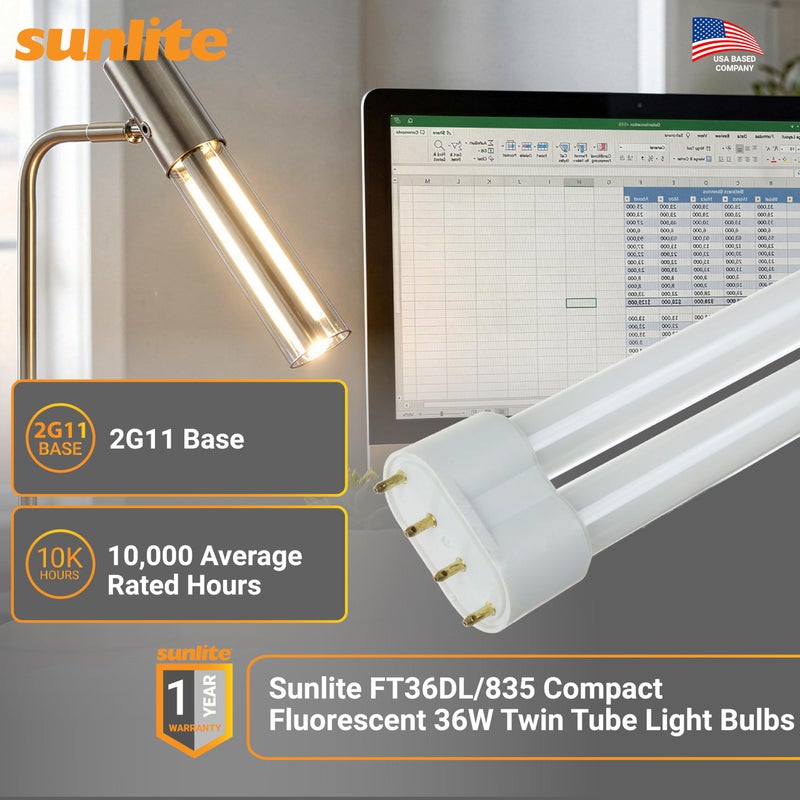 Sunlite FT36DL/835/10PK Compact Fluorescent 36W Twin Tube Light Bulbs, 3500K Neutral White Light, 2G11 Base, 10 Pack - Image 2